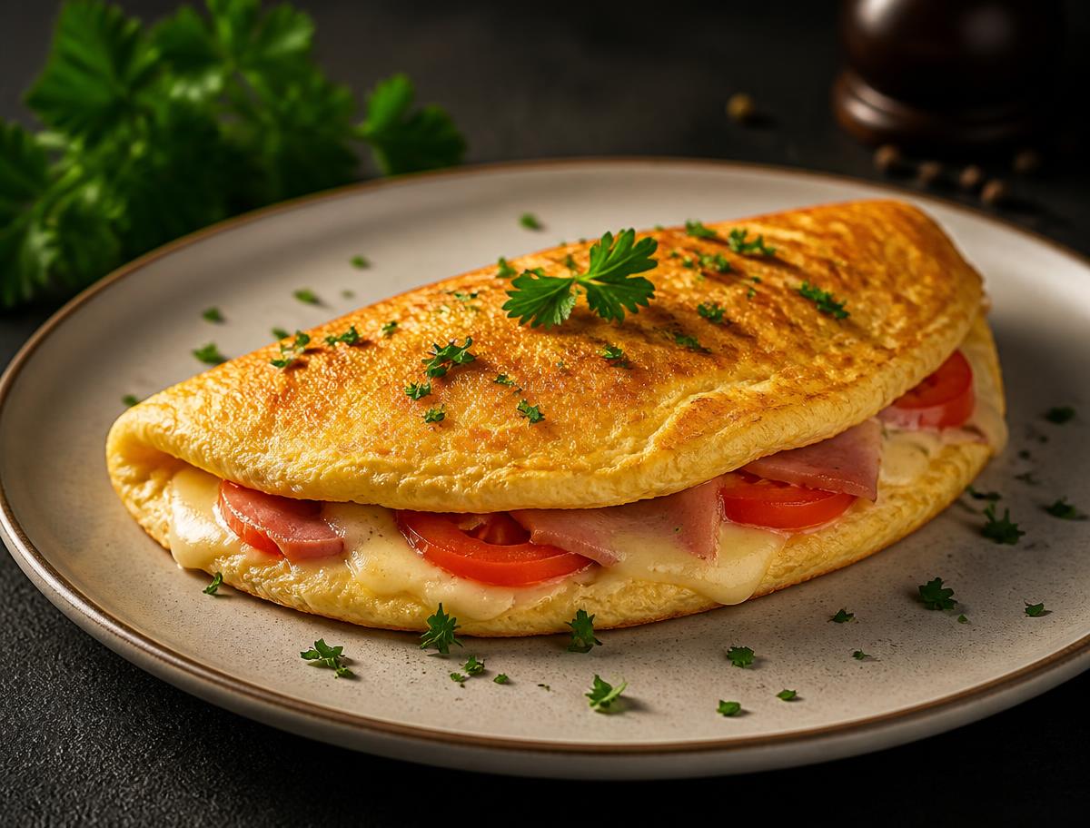 Omelete recheado com queijo, presunto e tomate