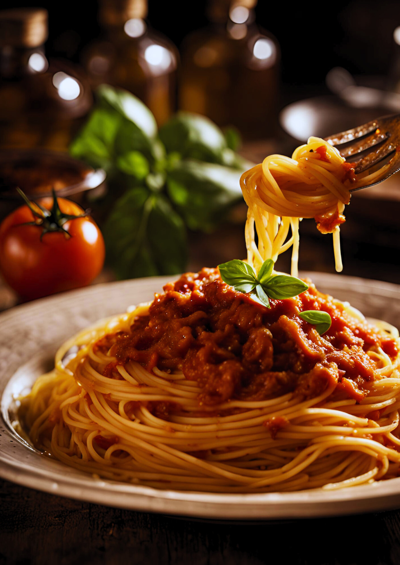 Prato de macarrão com molho de tomate e manjericão