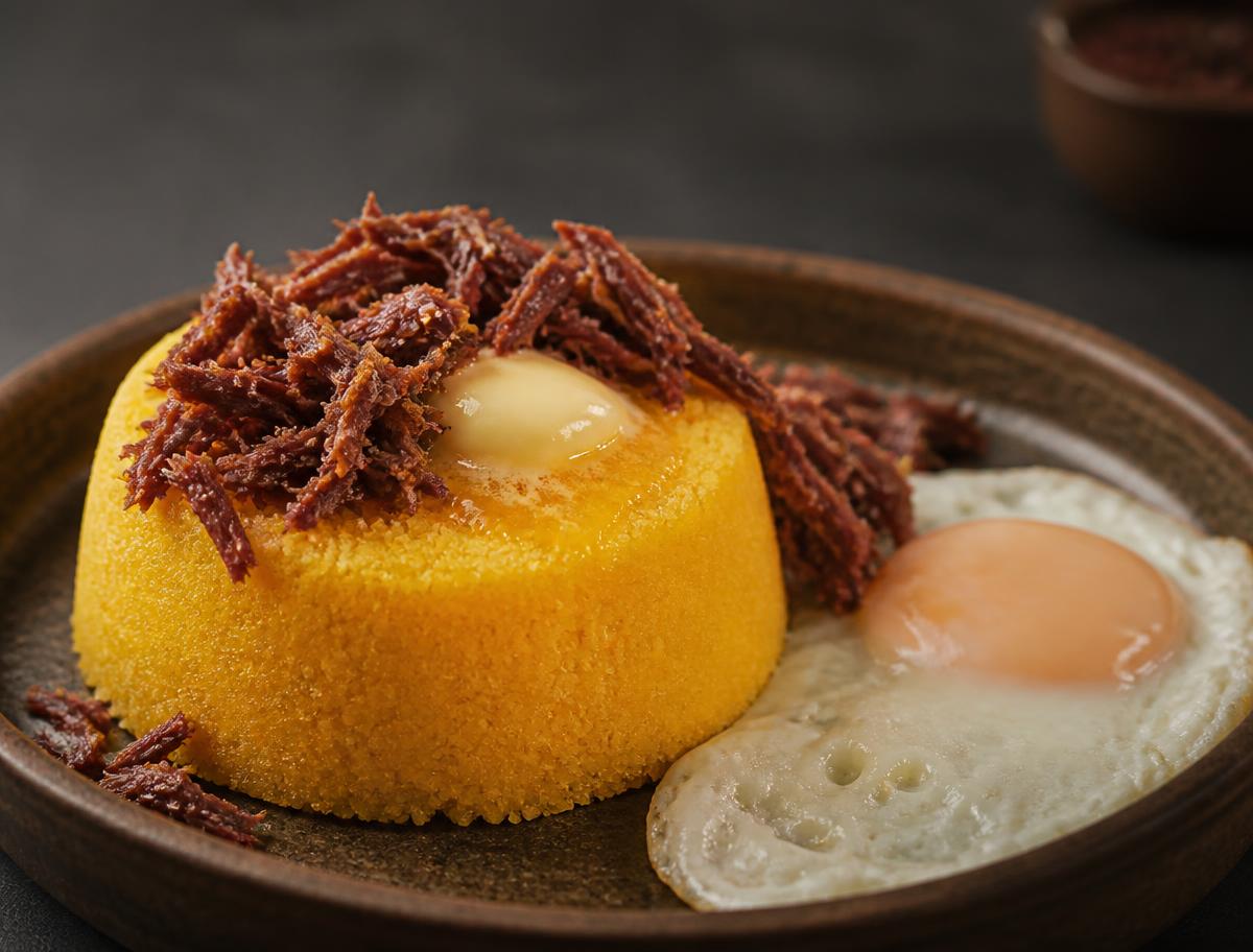 Cuscuz de milho com carne desfiada, manteiga e ovo